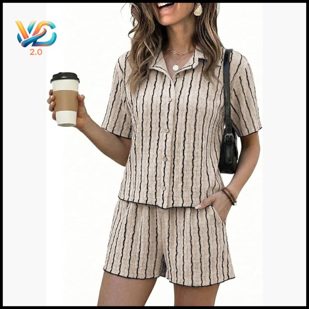 Large Knit Short Set, Striped Button Up Shirt & Elastic Shorts, Lounge Travel